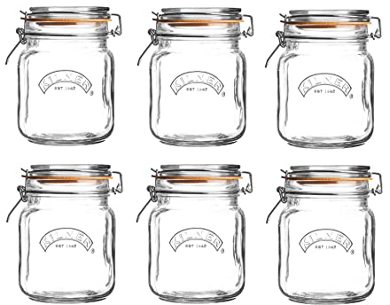 6 x Kilner Clip Top Glass Storage Jar - Square 1 Litre