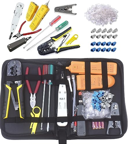UbiGear PremiumTester Netzwerk-/Telefonkabelfinder/Toner/Sonde/Tracer/Tester + RJ11/RJ12/RJ45 Crimpzange + 100 Stück RJ45 CAT5e Stecker/Stiefel Netzwerk-Werkzeug-Sets