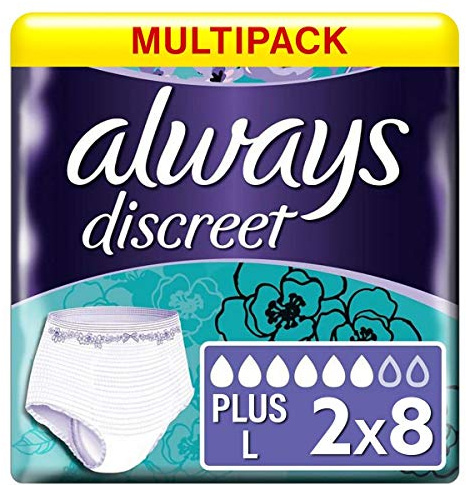 Always Discreet Incontinence Pants Women, Plus, 16 High Absorbency Pants, High Waisted, Odour Neutraliser, Duo Pack, for Sensitive Bladder, White, Large, (8 x 2 Packs)