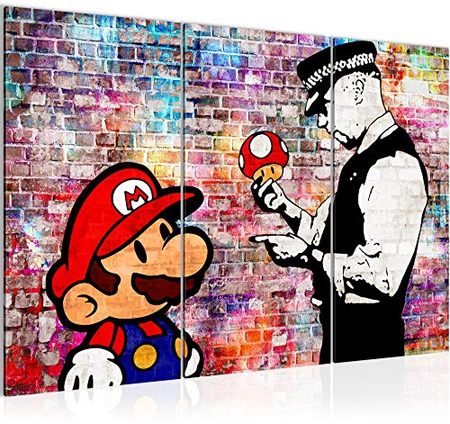 Runa Art Wandbilder Mario and Cop Bild XXL Jugendzimmer Wohnzimmer Bunt Street Art 120 x 80 cm 3 Teilig 303031c