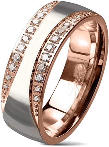 viva-adorno® Damen Ring Verlobungsring Edelstahl zweifarbig Rosegold Silber mit 2 Zirkonia Bändern RS60, Gr. 63