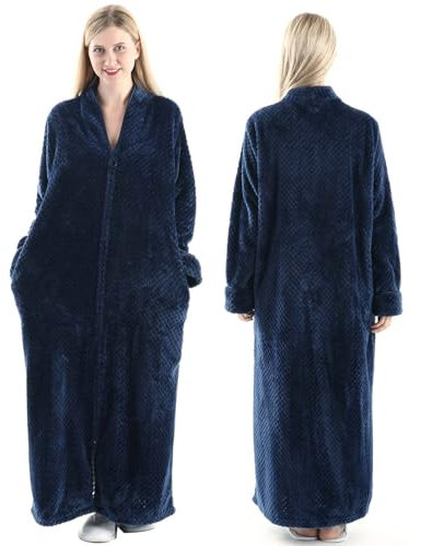 Oksun Accappatoio da donna in pile morbido, lunghezza intera, con cerniera, Senza cappuccio - Navy, 10-14
