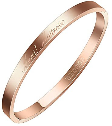 AURSTORE® Bracelet Jonc Fin en Acier Inoxydable 316L avec Message Phrases d'Inspiration Largeur 4 mm Plusieurs Messages au Choix Couleurs Or Rosé (Merci!maîtresse)