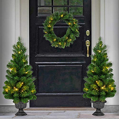 3 Pcs Christmas Decoration Set, Light Up LED Christmas Trees and Wreath, Hanging and Standing Outdoor Indoor Xmas Home Decor Set