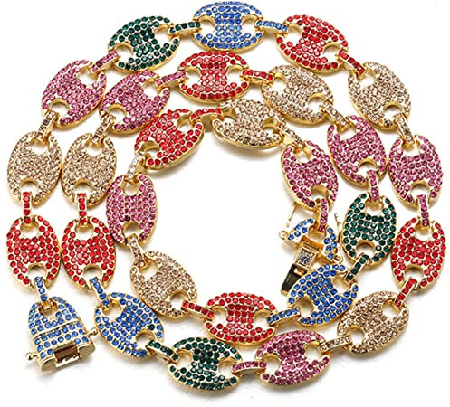 Halukakah Diamant Goldkette für Männer,13MM Herren 18 Karat Echtgold/Platiniert Regenbogen Kaffee Bohnen Kette Halskette,Mehrfarbig Labordiamanten Zinken-Set,mit KOSTENLOSER Geschenkbox