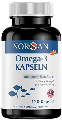 NORSAN Premium Total Omega 3 Kapseln hochdosiert 120 Stück - 1.500mg Omega 3 pro Portion - Kapseln mit 707mg EPA & 368mg DHA-Fischöl aus nachhaltigem Wildfang