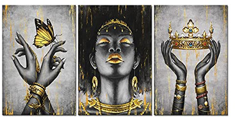 WELMECO Elegante afrikanische amerikanische Frau mit goldener Krone, Modeaccessoires, Gemälde, Giclée-Drucke, schwarzes Mädchen, Leinwand-Poster, Galerie, verpacktes Kunstwerk für Schlafzimmer,