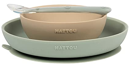 Nattou Vajilla de silicona para niños, 3 piezas, 1 cuchara, 1 plato, 1 bol, Antideslizante, Sin BPA, Silicona, Beige/Verde