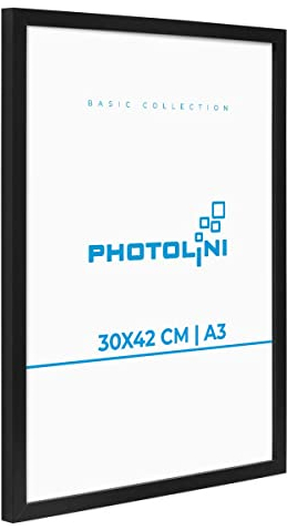 PHOTOLINI Bilderrahmen A3 Schwarz Holz MDF, A3 Bilderrahmen 30x42 Holz MDF, DIN A 3 Rahmen mit Acrylglas, Picture Frame 42x30 zum Aufhängen, Rahmen 42 x 30 mit Zubehör für DINA3 Fotos & Poster