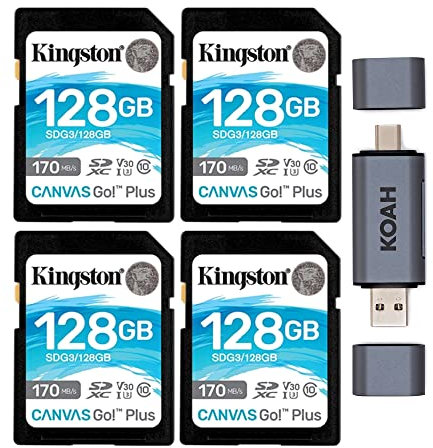 Kingston Tarjeta de memoria de lectura SDXC Canvas Go Plus de 128 GB, 170 MB/s (SDG3/128 GB, paquete de 4) con lector de tarjetas SD 2 en 1 (5 artículos)