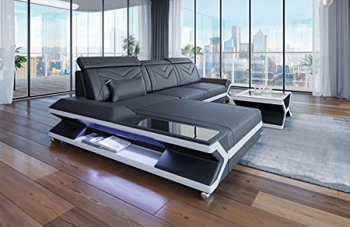 Ledersofa Napoli in L Form als Ecksofa mit Beleuchtung Designersofa Couch mit Kopfstützen modernes Sofa (Ottomane Links, Grau-Weiß)