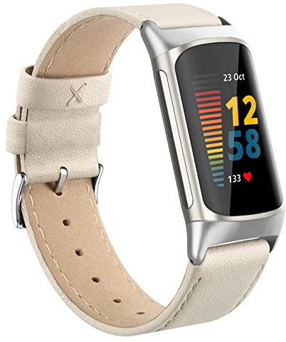 Tuocal Echtleder Armband Kompatibel Mit Charge 5 für Damen Herren - Weiches Atmungsaktives Ersatzarmband Sport für Aktivitäts Tracker, Beige