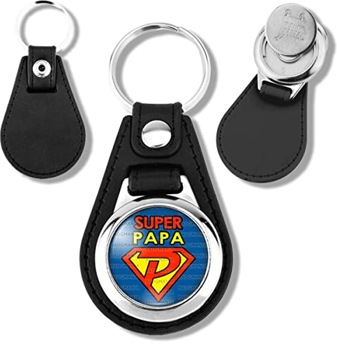Badgmania Porte Clés Cuir Vegan Jeton de Caddie Super Papa - Super Héros Fond Bleu - Idée Cadeau Fêtes des Peres Anniversaire