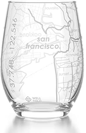 Well Told Weinglas ohne Stiel, graviert, San Francisco, Kalifornien, geätztes Weinglas (425 ml, transparent) Stadtkarte, Weinglas, individuelles Weinglas, Geschenke für Weinliebhaber