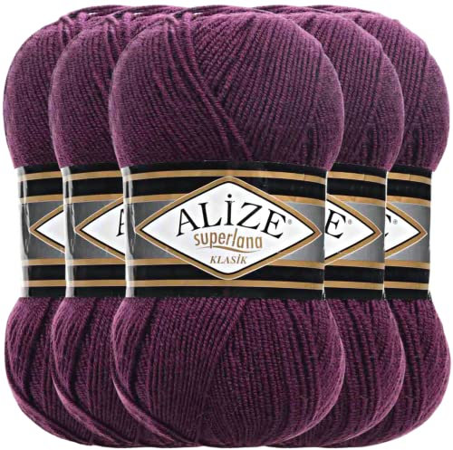 Hobby YARN Alize Superlana Klasik 5 x 100 g Türkische Premium Wolle Baumwolle und Acryl Uni Handstrickgarne Yarn Garn Strickgarn Baby zum Stricken Strickgarn (Plum | 111)
