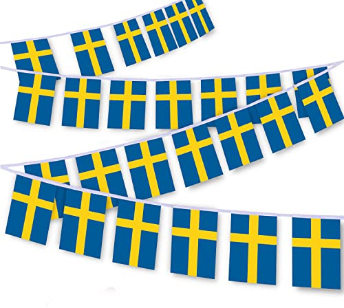 MacLand 30 cuerdas de bandera de Suecia, banderines suecos de 32 pies, pancarta decorativa para decoración de patio interior y exterior