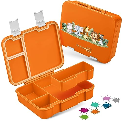 My Vesperbox – Jin - Bento Box Kinder - Lunchbox - extrem robust – Brotdose – Brotbox ideal für Kindergarten und Schule (Orange - Safaritiere)