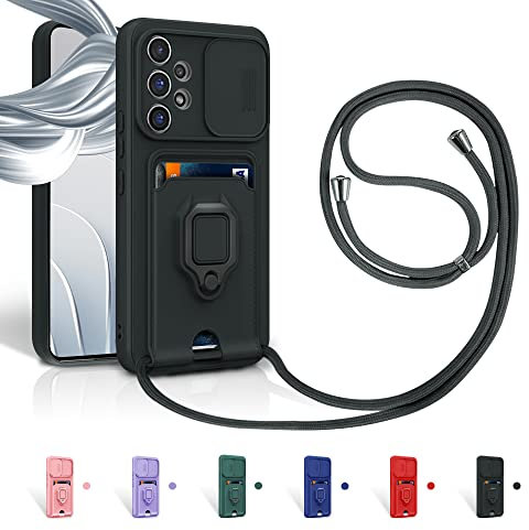 Aithne Cordon de Coque pour Samsung Galaxy A53 5G,Couvercle Coulissant de la Caméra+Support Annulaire à 360 Degrés,Fentes pour Cartes Lanyard Silicone Case -Noir