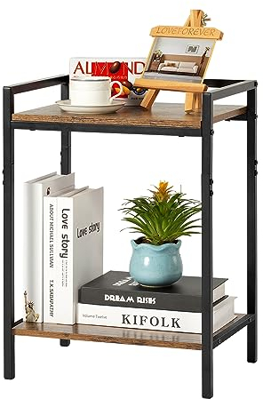 HDANI Beistelltisch Holz,Nachttisch Klein mit Stauraum,Couchtisch mit 2 Ablagen,Wohnzimmertisch aus Metall,Telefontisch Schmal für Wohnzimmer, Schlafzimmer, Balkon,40×30×55cm,Vintage Braun