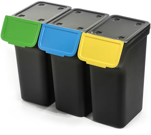 KADAX Abfallbehälter mit Deckel, Abfalleimer aus Plastik, Mülleimer für die Mülltrennung, Rechteckiger Abfallsammler mit Klappdeckel (Schwarz 3x25 L)