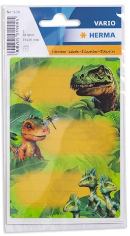 HERMA 1909 Buchetiketten zum Beschriften Dino World, 9 Stück, 76 x 35 mm, selbstklebend, liniert, Buchaufkleber für Schule Kinder Mädchen Jungen, mehrfarbige Heftetiketten Aufkleber, bunt