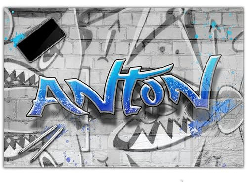 Gamer Schreibtischunterlage personalisiert mit Namen | 120 x 60 cm Graffiti blau | wasserfeste Schreibunterlage, abwischbar, hochwertiges Acrylglas, gaming Motiv Teenager Kunststoff XXL
