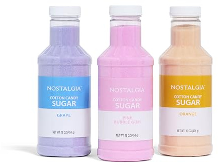 Nostalgia Cotton Candy Flossing Sugar (3-Pack), Grape, Pink Bubble Gum, Orange - Three 16-oz Bottles of Cotton Candy Sugar Mix - 96 Small to Medium Cone Servings