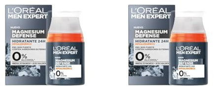 L'Oréal Men Expert, Crema Facial Hidratante 24H Para Hombre, Hipoalergénica Mineral de Magnesio + Ácido Hialurónico, Sin alcohol, Pieles Sensibles, 50 ml (Paquete de 2)
