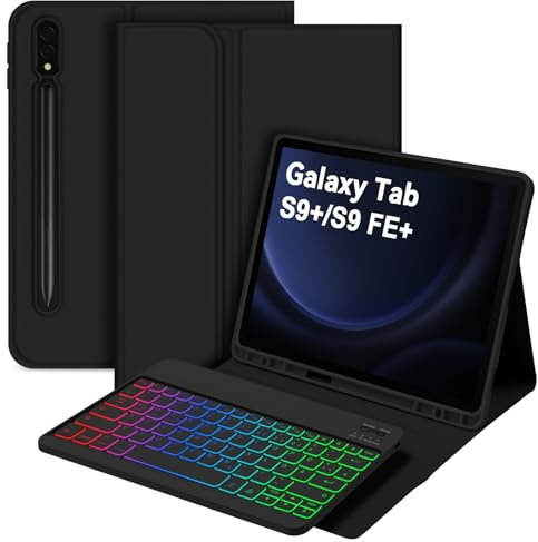 Bettdow für Samsung Galaxy Tab S10+/S10 Plus Tastatur Hülle, QWERTZ Layout Abnehmbarer Beleuchtete Tastatur mit Hülle für Tab S10+/S9+/S9 Plus/S9 FE+/S9 FE Plus 12.4 Zoll, Schwarz