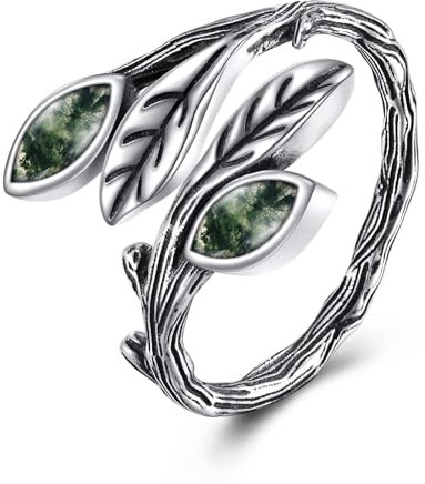 POPLYKE Blattmoos Achat Ring Sterling Silber Blatt Offener Daumen Ring Verstellbarer Grüner Edelstein Löffelring Vintage Boho Schmuck Geschenke für Frauen