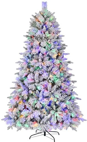 Asinse 6ft Pre-Lit Christmas Tree, White Snow Flocked Premium Artificial Spruce with 350 Multicolor LED Lights, PE+PVC+Pine Needles, Pine Cones, Hinged Branches, Metal Stand (6ft/180cm)