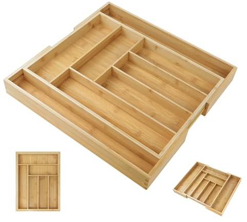 Yiyai Besteckkasten für Schubladen - Organizer Schublade Ausziehbar 32-52x43x5 cm - Besteckkasten Holz mit 6 bis 8 Fächern - Für Küchenutensilien, Sonnenbrillen und mehr - Ökologisches Bambus