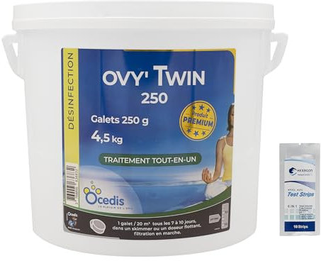 OCEDIS OVY'TWIN 250 Galets 250g - 4,5kg | Chlore Lent Stabilisé Multiaction - Non Comburant - Désinfection Régulière Multifonction avec Action Choc - Dissolution Lente + 10 Tests HPS OFFERTS 6 en 1