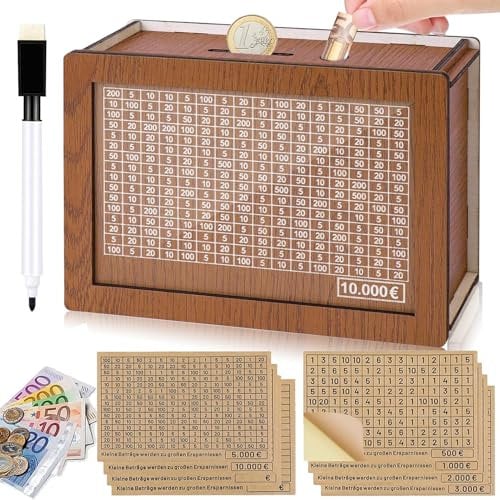 Hucha de Madera con Contador con 8 Pegatinas de Objetivos Diferentes y 1 Marcador Reutilizable Hucha con Contador con Números para 500€ 1000€ 2000€ 3000€ 5000€ 10000€ y DIY para Adultos y Niños