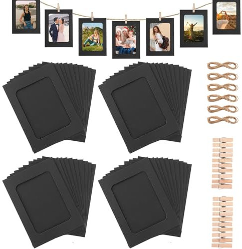 GBACHOOSE 60 Stück Fotorahmen aus Pappe, Fotos Aufhängen 10 x 15 cm, Fotogirlande Bilderrahmen Papier, Hängealbum, Seil und Clips, Schwarz Rahmen für Zuhause, Schule oder Partydekoration