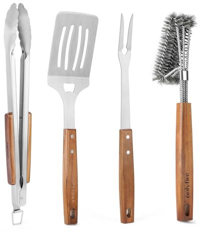 onlyfire Set di Attrezzi per Il Barbecue da 4 Pezzi, Spatola per Piastra Forata, Pinze da Cucina, Forchetta per Grill e Spazzola per Barbecue, Utensili Professionali per Grigliate e Cucina All'aperto