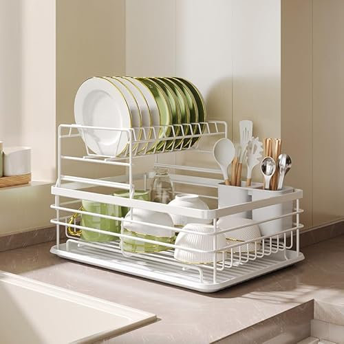 Warmiehomy White 2 Tier Dish Drying Rack with Removable Drip Tray, Draining Board Rack Sink Drainer Rack with Cutlery Holder for Kitchen Counter