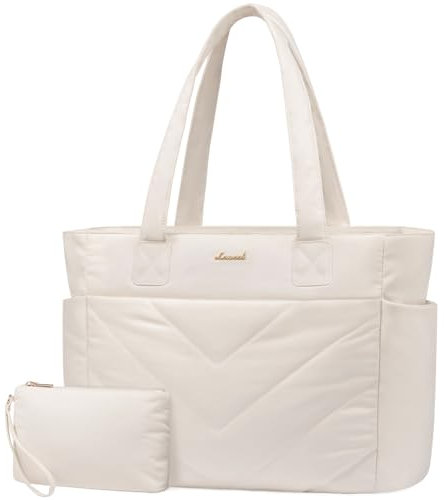 LOVEVOOK Laptoptasche Damen 15,6 Zoll, Handtasche Groß Shopper Tasche Arbeitstasche Puffer Bag, Lehrertasche Schultertasche Tote Handbags Women für Uni Business Schule, Beige