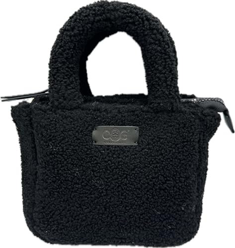 OOG Teddyfell Optik Plüsch kleine Shopper Tasche Schultertasche Henkeltasche Tote Bag Fluffy (Schwarz)