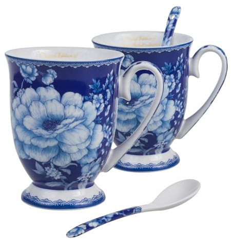 Queen Isabell LIMITED COLLECTION 2x Tassen 250ml & 2x Löffel aus feinstem Knochenporzellan mit Goldakzenten | Elegantes Design für Tee und Kaffee | Blue Rose Collection als Geschenkset