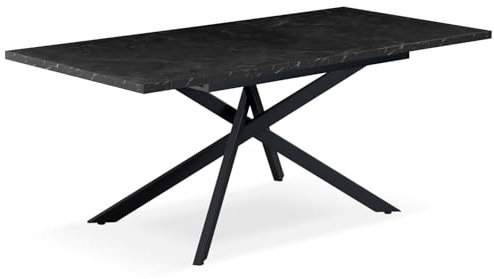 B&D home Esstisch LARS, ausziehbar 120-160 x 80 cm, 4-6 Personen Küchentisch Holztisch mit Kreuzgestell schwarz für Küche, Esszimmer, Industrial modern Design, Marmor-Schwarz, 11202-XS-MSCH