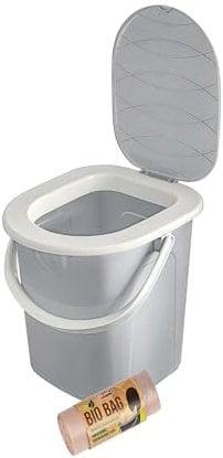 BranQ - Home essential Mobile Camping Toilet 22 litres with 20 Organic Toilet Bags, Plastic, with Max. Load Capacity up to 120 kg, Light Grey, 22 L