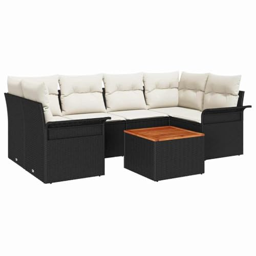 vidaXL Garten-Sofa-Set mit Kissen mit Speicher 7 pcs Schwarz und Creme, Stylisches Outdoor-Set, modulares Gartenlounge, strapazierfähige Möbel, UV-beständige Stühle