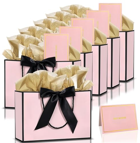 6 pièces Sacs Cadeaux Rose Noir,Pochettes Cadeau en Papier Moyen avec Anse,Emballage Cadeaux avec Ruban d'Arc 6 Cartes 12 Mouchoirs,Paquet Luxe Elégantes pour Anniversaires Mariages Fêtes Noël