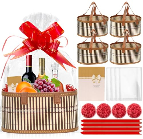 Leere Geschenkkörbe, Geschenkkörbe, leer, gewebter Bambus-Geschenkkorb mit 4 Taschen, 4 Schleifen und geschreddertem Papier, Körbe für Babyparty, Geburtstag, Einweihung, Braun, 4 Stück