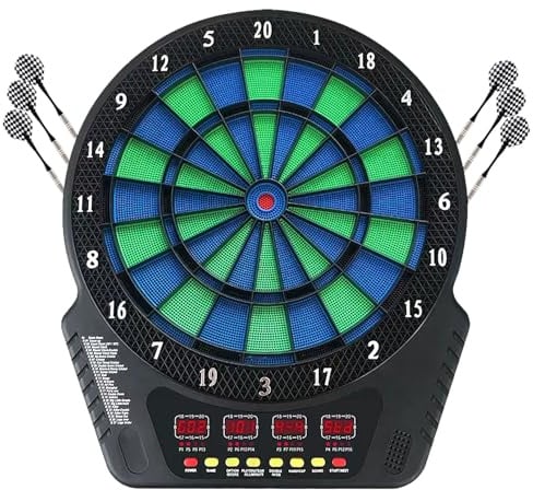 Elektronische Dartscheibe, E-Dartboards Dartautomat mit 4 LCD-Anzeige und 6 Darts und 24 Pfeilkopf 27 Spiele mit 243 Spieloptionen Profi Elektronik Dartspiel für 16 Spieler (Blau grün, breit)