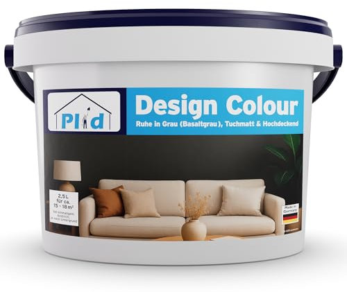 Plid Pintura interior de diseño gris 2,5 L [alta cobertura] color gris basalto – colorido color para pared – pintura mate – para aprox. 15 – 18 m² en calidad profesional – Transpirable y antigoteo