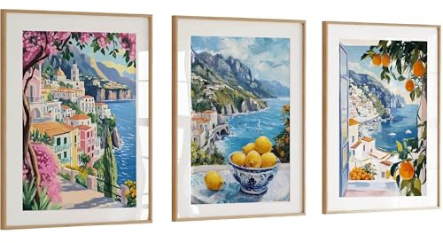 CozyPrints Amalfi Coast Wall Art Prints Set of 3 - Unframed Mediterranean Landscape Posters | Vibrant Italian Village Scenery | Lemon & Orange Botanical Home Decor (A3-29.7 x 42.0 cm)