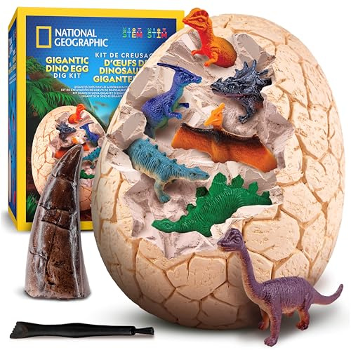 NATIONAL GEOGRAPHIC Uovo Gigante di Dinosauro da Scavare – 12 Figure e Replica di Dente di T. Rex in Mattoncino da 15 cm, Kit Scientifico Educativo, Giocattoli per Bambini, Regali di Pasqua