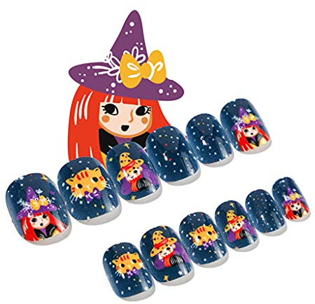 Lot de 24 faux ongles courts à presser motif chauve-souris et arbre mort pour enfant adulte Halloween